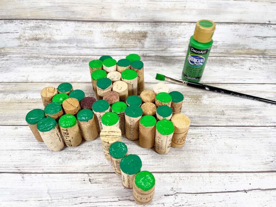 Painted wine cork shamrock with dark and medium green