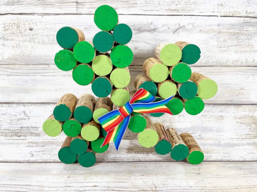 Wine cork shamrock with rainbow ribbon