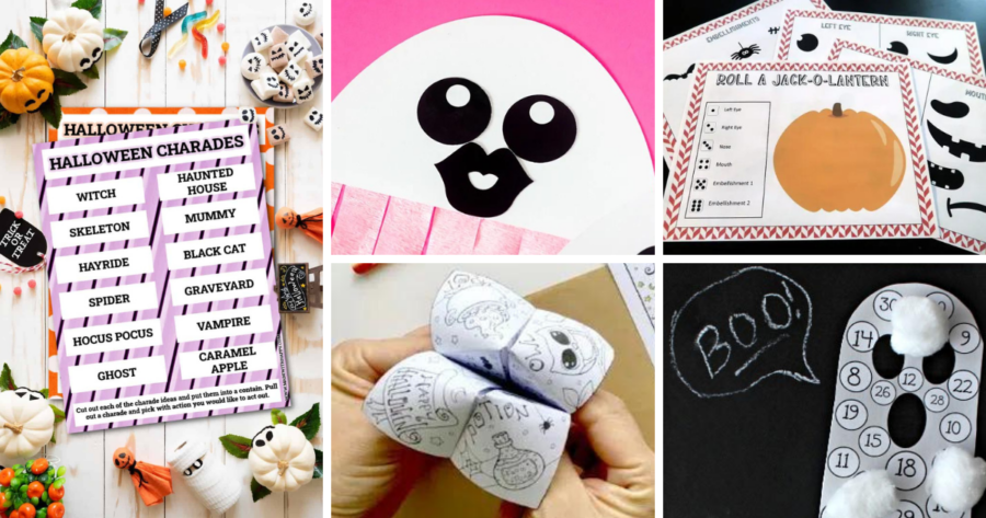photo collage of different printable Halloween games