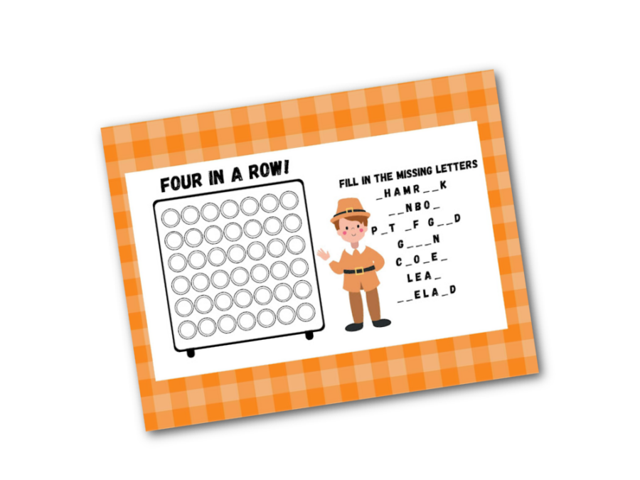 Thanksgiving Placemat with Four in a row and missing letters games
