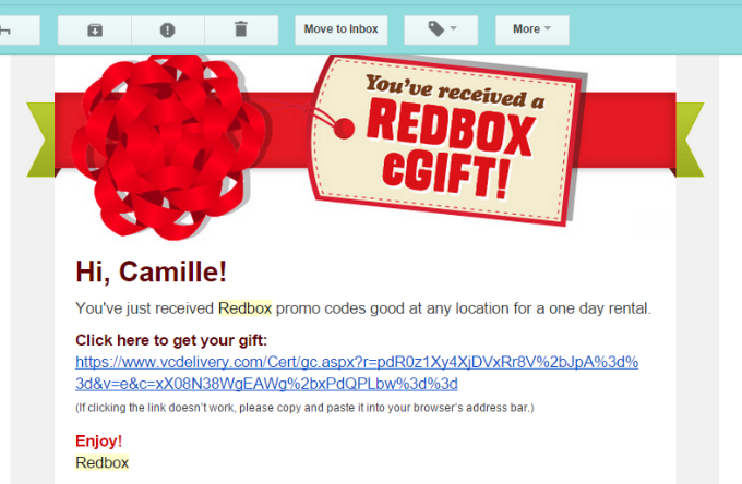Redbox Email with Codes